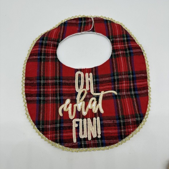 Mud Pie Christmas Bib & Reindeer Hat 0-6M Knit Beanie Red Tartan Plaid Baby - Picture 2 of 8